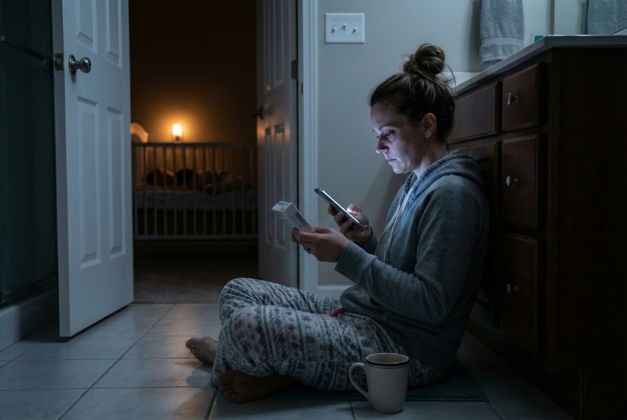 Woman examining her face in the mirror, with magazine logos below.