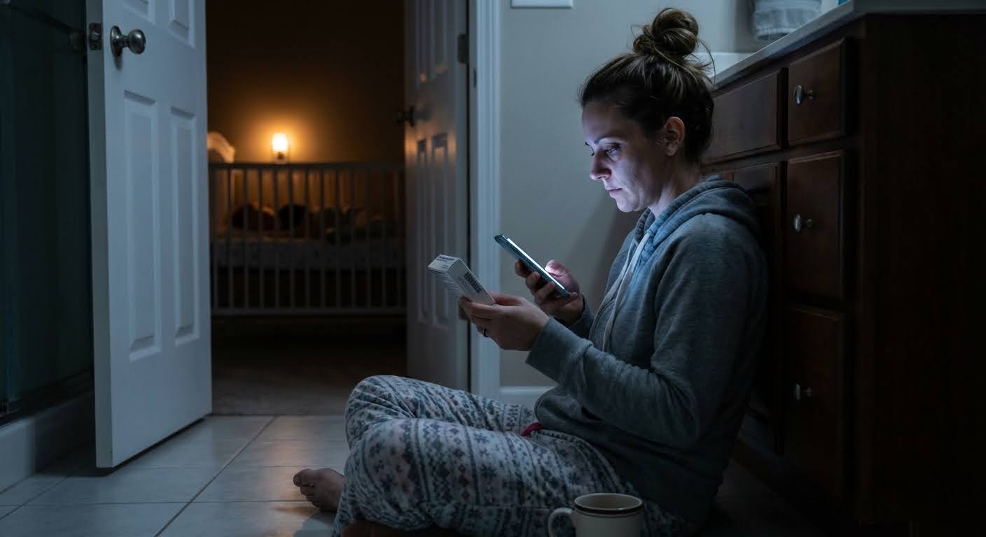 Woman examining her face in the mirror, with magazine logos below.