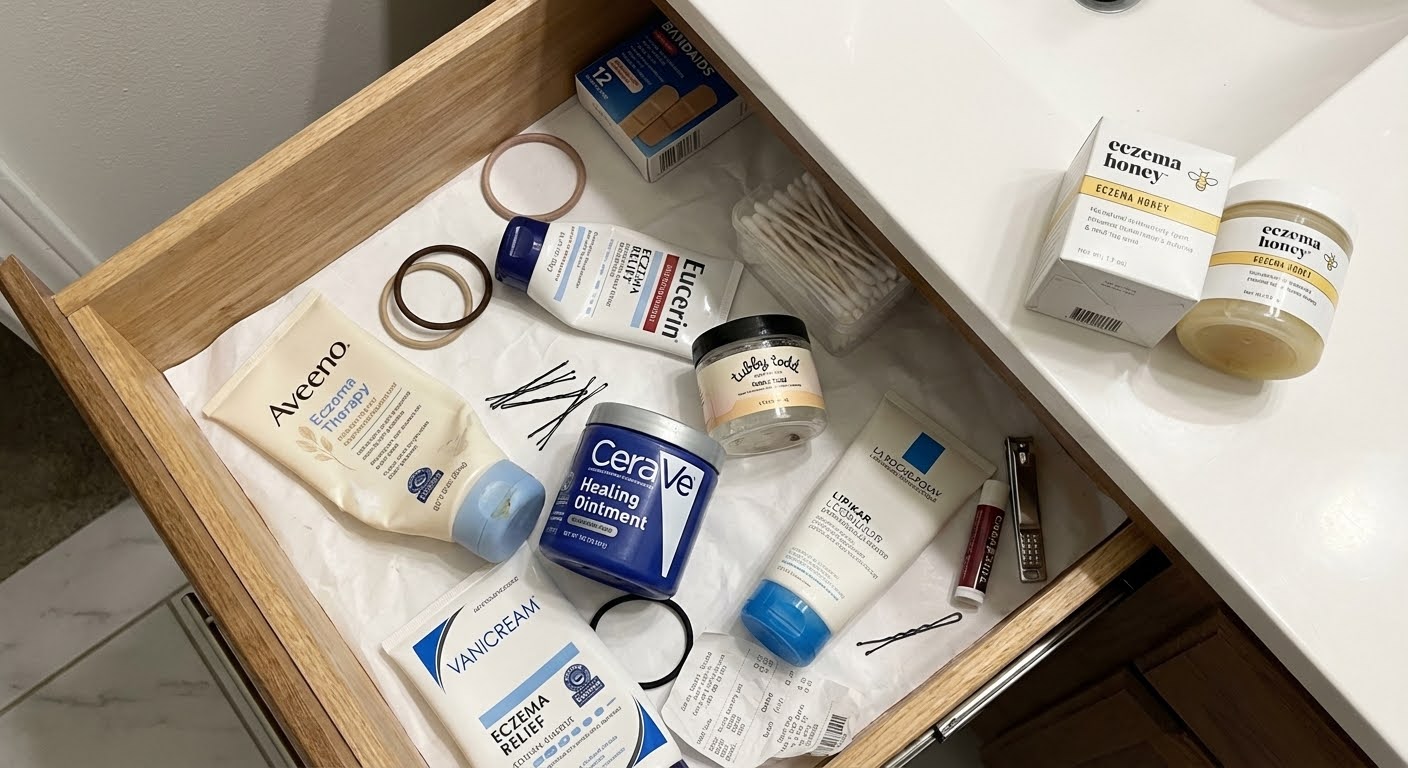 Woman looking concerned, touching her face in a bathroom.